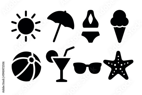 Summer icon set: sun, beach, and tropical vibes in bold silhouette design