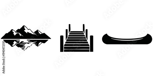 Mountain Lake Silhouette Set: Reflected Alpine Peak, Wooden Dock Pier, and Canoe Boat Icons