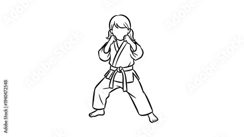 Karate girl in fighting stance outline drawing for martial arts themes