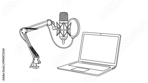 Home podcast setup with laptop and microphone for content creators in black and white linear style