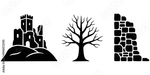Ancient Ruins Silhouette Set: Medieval Stone Castle, Bare Winter Tree, and Crumbling Fortress Wall Icons