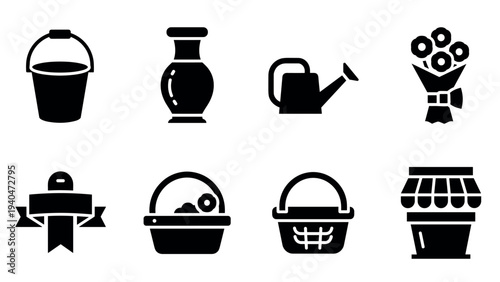 Gardening icons set: silhouette designs of bucket, vase, watering can, flower basket