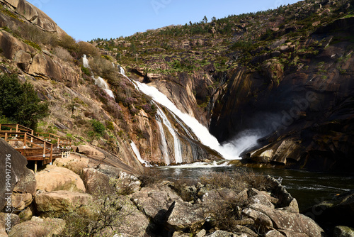 Ézaro Waterfall. Located in Dumbría (A Coruña, Galicia), it is the only place in Europe where a river, the Xallas, flows directly into the sea via a waterfall.