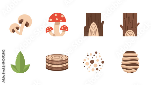 Flat nature icons: mushrooms, tree trunks, leaves, wood slices, and beehive on white background