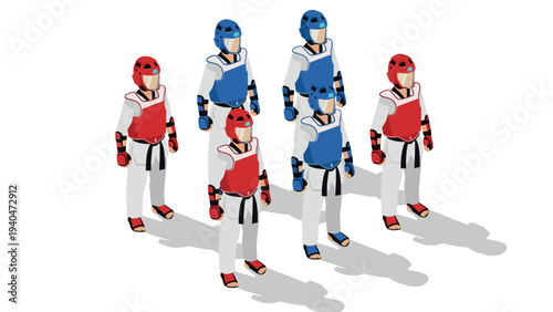Taekwondo athletes in gear standing in formation in isometric style