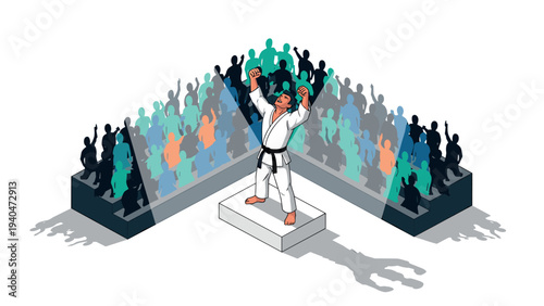 Karate champion celebrates victory on podium with enthusiastic crowd in isometric style