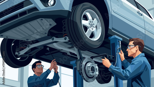 Skilled mechanics working on car maintenance in a modern garage setting