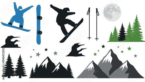 Winter adventure snowboarding design elements with mountains and trees