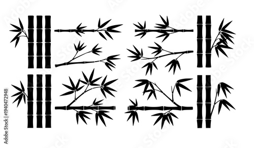Bamboo branch and leaves silhouette vector collection botanical plant elements isolated on white