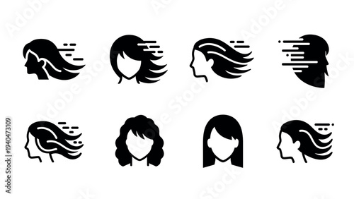 Stylized silhouette profile icons of women with various hairstyles and speed effect