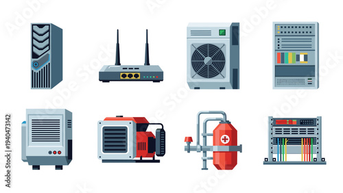 Server and network equipment icons in modern flat design