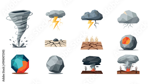 Polygonal natural disasters: tornado, lightning, earthquake, volcanic eruption, wildfire