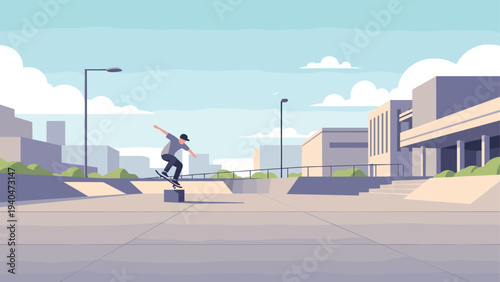 Urban skateboarder performing tricks in modern cityscape in flat style