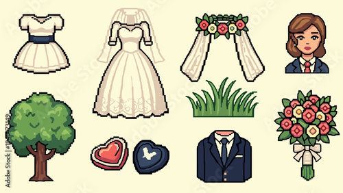 Pixel art wedding elements: dresses, suits, flowers, and decor collection