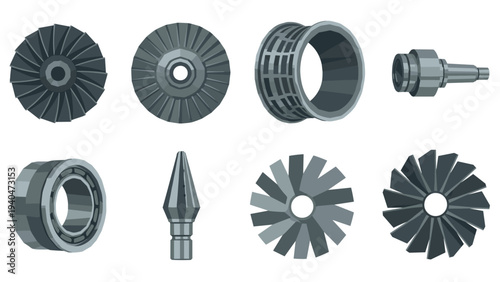 Industrial machine parts set with turbine elements and engine components
