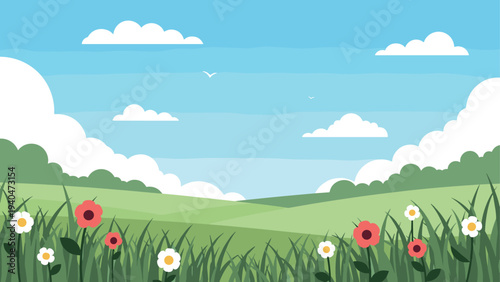 Peaceful countryside landscape with blue sky and green hills in flat design