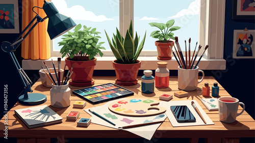 Creative art studio workspace with paints and supplies near sunny window