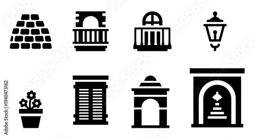 Classic architectural elements in bold black silhouette icons set