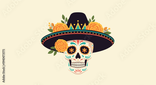Vibrant day of the dead skull with floral hat on neutral background