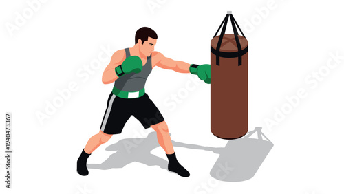 Isometric boxer training with punching bag in dynamic pose for fitness design