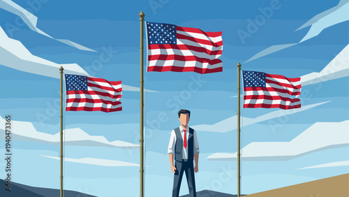Patriotic scene with three american flags and businessman under blue sky