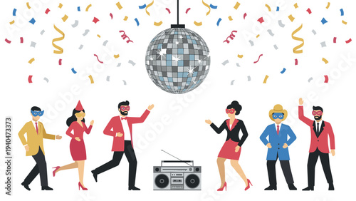 Retro party celebration with disco ball and dancing characters in flat design