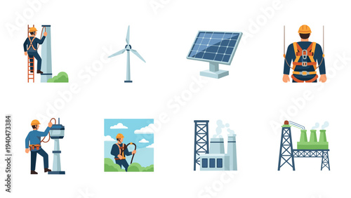 Renewable energy and industrial worker icons in flat style