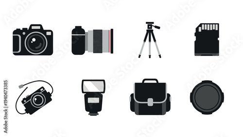 Essential photography equipment icons in modern flat design for creative projects