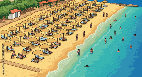 Pixel art beach scene with umbrellas, sunbathers, and ocean waves