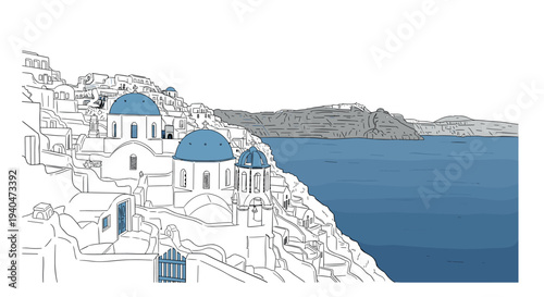 Linear coastal scene of santorini with blue domes and cliffs
