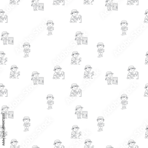 seamless repeating pattern of boys caring for animals with feed buckets nets and zoo elements in line art