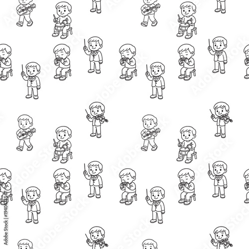 seamless pattern of boys with guitars microphones and musical instruments arranged in playful repeat