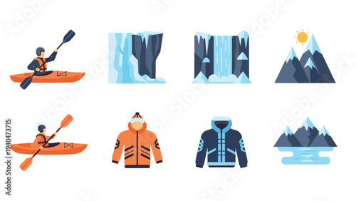 Outdoor adventure icons featuring kayaking, waterfalls, mountains, and jackets in flat style