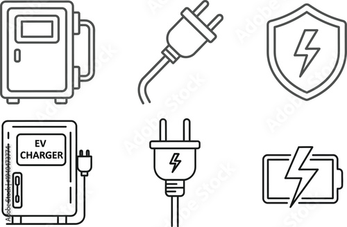 Essential line art vector icon collection for electric vehicle charging technology, featuring EV stations, plugs, energy, battery, and safety symbols
