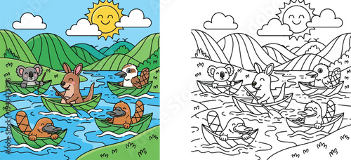 Cute cartoon Australian animals koala, kangaroo, platypus and kookaburra rowing leaf boats on a river under a smiling sun, kids illustration.
