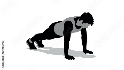 Silhouette of man doing a push-up in active sportswear on white background