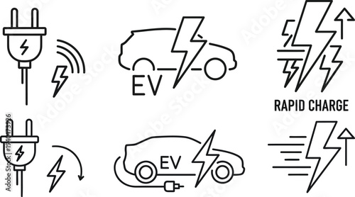Vector line icon set illustrating electric vehicle charging, rapid power delivery, EV technology symbols, and various plug-in concepts for modern sustainable transport designs