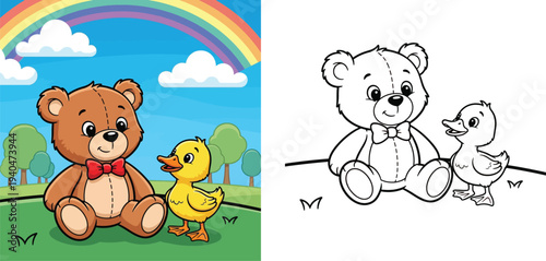 Cute cartoon teddy bear with a red bow tie and a yellow duckling sitting together in a green park under a rainbow, children's illustration.