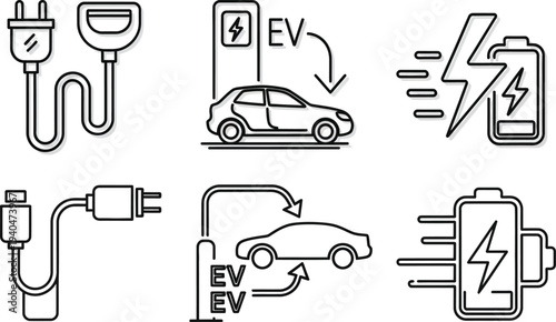 Modern Vector Icons Set for Electric Vehicle Charging Stations, Illustrating Fast Power Delivery and Sustainable Automotive Technology Solutions