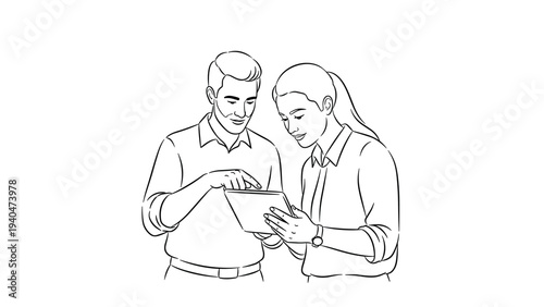 Team collaboration: two professionals reviewing on tablet in linear style