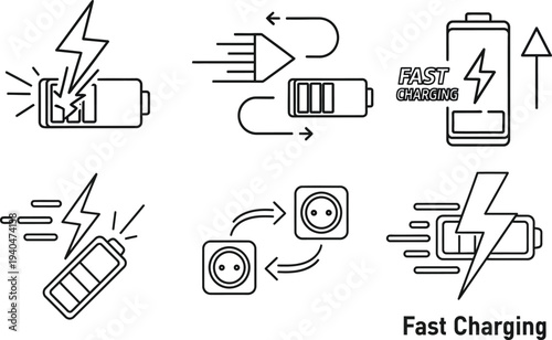 Set of electric battery charging icons with lightning bolt and energy flow, indicating fast charging and power connection symbols