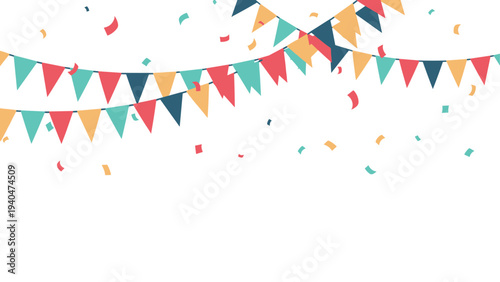 Colorful party bunting and confetti on white background for celebrations