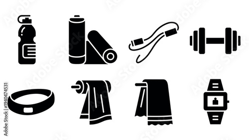 Fitness equipment icons: water bottle, dumbbell, yoga mat, smartwatch, towel, jump rope, headband