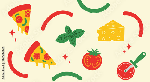 A delightful and colorful illustration featuring pizza slices, cheese, tomato, and basil, perfect for culinary themes and food advertising.
