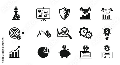 Business finance icons set including money growth strategy and investment symbols on white background