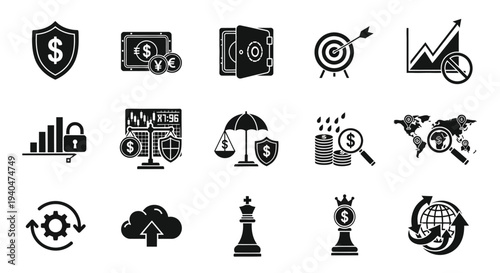 Business finance icons set including shield money target graph lock scale cloud chess globe on white background