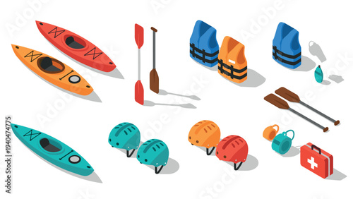 Isometric kayaking equipment: canoes, paddles, helmets, and safety gear on white background