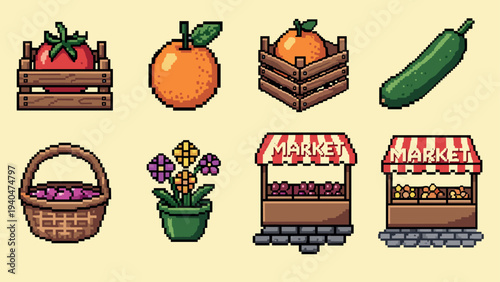Colorful pixel art fruits and market stalls with crates and baskets