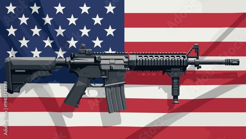Modern rifle against american flag background in bold graphic style