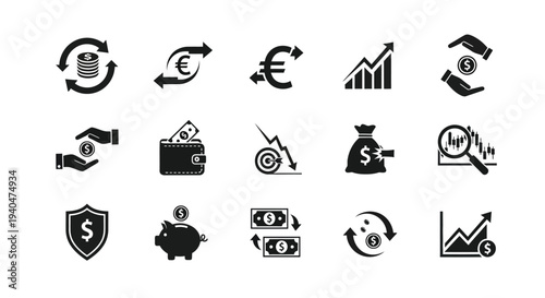 Black financial icons set including money growth and investment symbols on white background